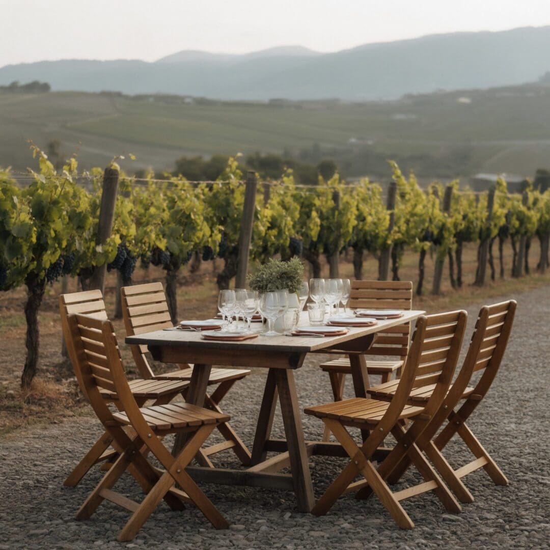 Outdoor dining table and chairs in vineyard
