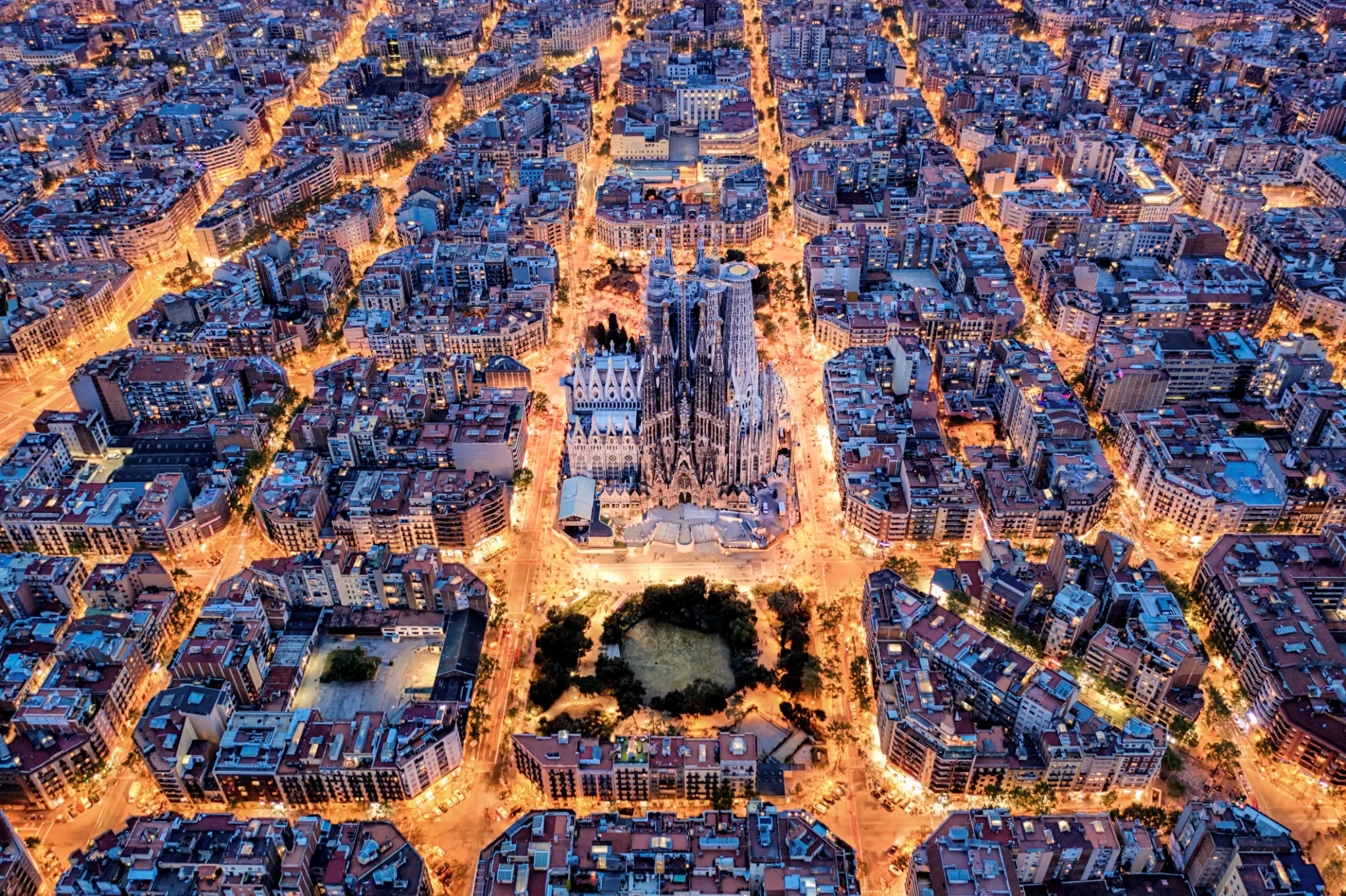 Aerial nighttime view of Barcelona's Sagrada Familia