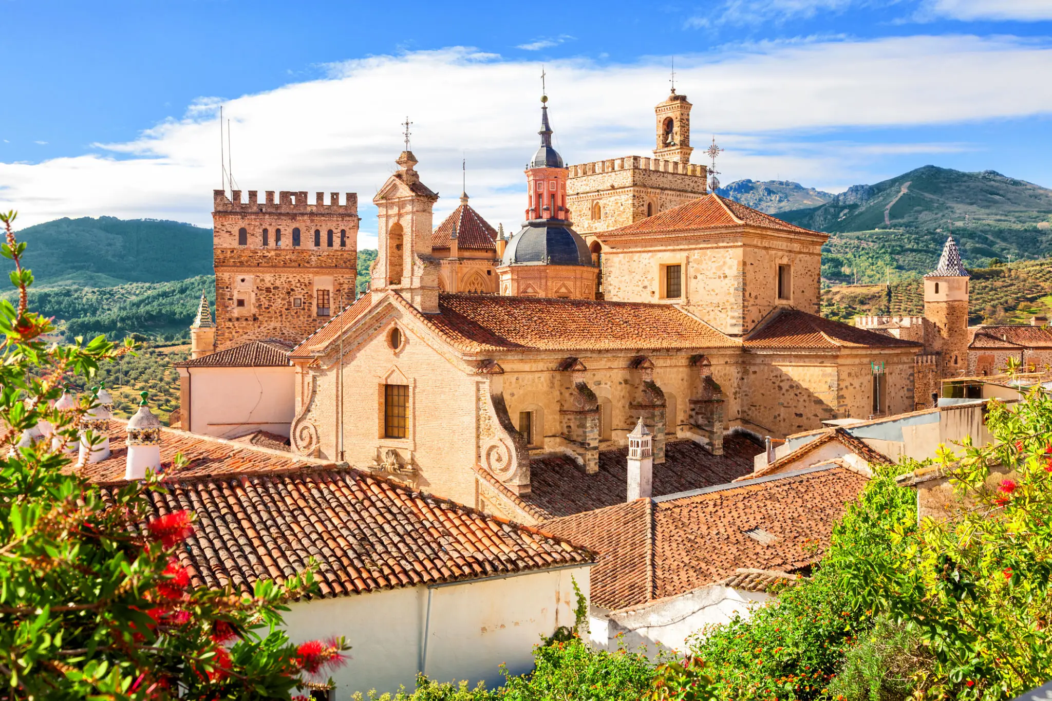Spanish hilltown with cathedral and terracotta roofs